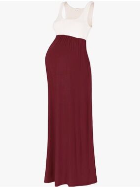 Sleeveless Maternity Maxi Skirt Dress in White and Burgundy